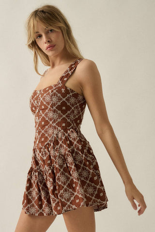 Floral-Embroidered Tiered-Ruffle Corset Romper