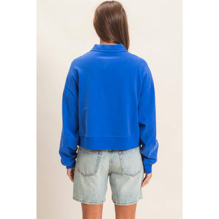 Washed Button-Front Collared Sweatshirt