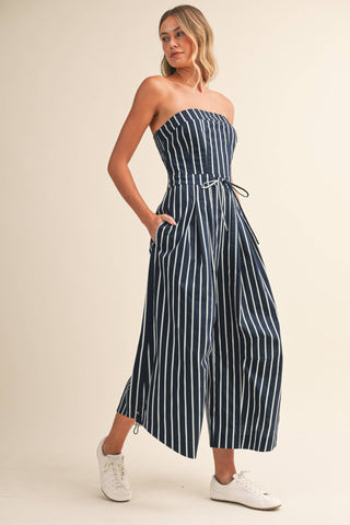 Strapless Stripe Wide Leg Jumpsuit with Side Trim