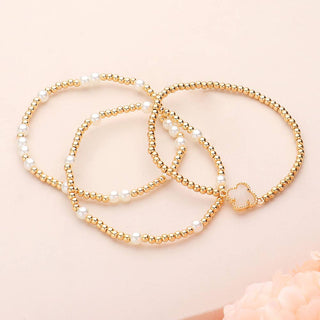 3PCS - Quatrefoil Pearl Metal Ball Beaded Stretch Bracelets