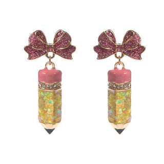 Glitter Enamel Bow Pencil Charm Drop Earrings