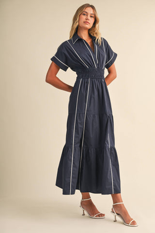 ID10490 SMOCKED WAIST CONTRAST PIPING DETAIL A-LINE MAXI DRE