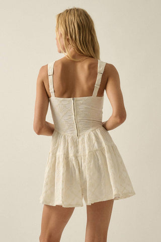 Floral-Embroidered Tiered-Ruffle Corset Romper