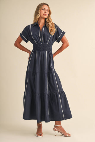 ID10490 SMOCKED WAIST CONTRAST PIPING DETAIL A-LINE MAXI DRE