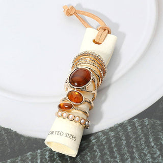 Assorted Resin Stone Accent Pearl Link Textured Metal Stackable Ring Set