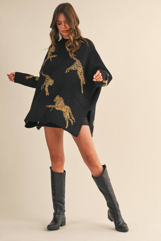 CHEETAH PRINT OVERSIZED MOCK NECK SWEATER TOP