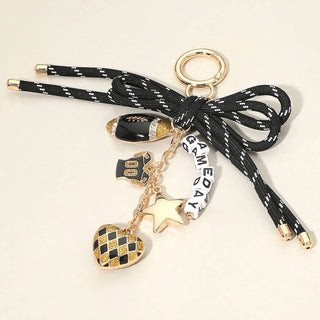 Football Themed Charm GAME DAY Message Beaded Rope Bow Accent Keychain / Bag Charm