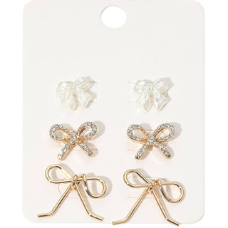 3Pairs - Pearl Metal Stone Paved Bow Stud Earring Set
