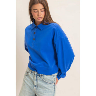 Washed Button-Front Collared Sweatshirt