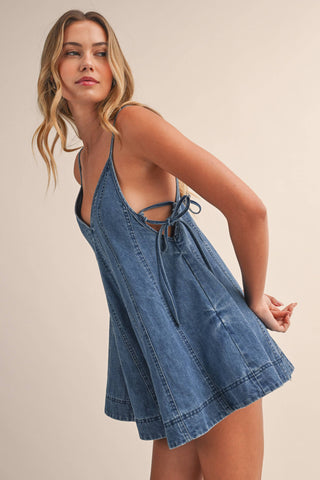 IR2359-A  DENIM FLARED ROMPER WITH SIDE TIE DETAIL