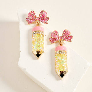 Glitter Enamel Bow Pencil Charm Drop Earrings