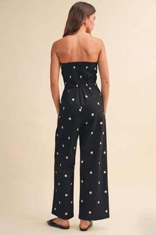 POLKADOT STRETCH TWILL STRAPLESS WIDE LEG JUMPSUIT