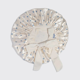 Oversized Satin Bonnet - Pearlized Cream & Coastal Blue Print