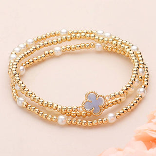 3PCS - Quatrefoil Pearl Metal Ball Beaded Stretch Bracelets