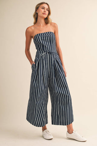 Strapless Stripe Wide Leg Jumpsuit with Side Trim