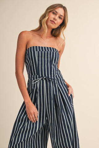 Strapless Stripe Wide Leg Jumpsuit with Side Trim