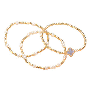 3PCS - Quatrefoil Pearl Metal Ball Beaded Stretch Bracelets