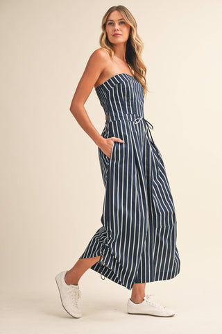 Strapless Stripe Wide Leg Jumpsuit with Side Trim