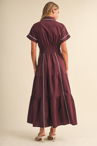 ID10490 SMOCKED WAIST CONTRAST PIPING DETAIL A-LINE MAXI DRE
