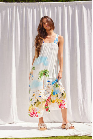 Printed Tie Back Strap Midi Dress