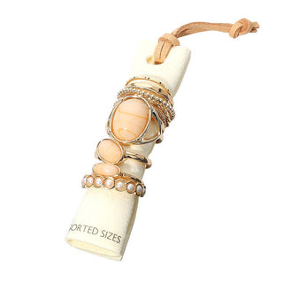 Assorted Resin Stone Accent Pearl Link Textured Metal Stackable Ring Set