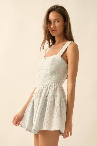 Floral-Embroidered Tiered-Ruffle Corset Romper