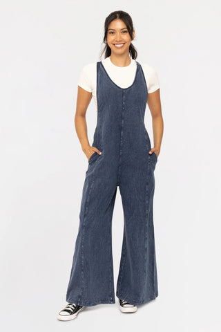 Cotton Blend Mineral Wash Wide Leg Jumpsuit