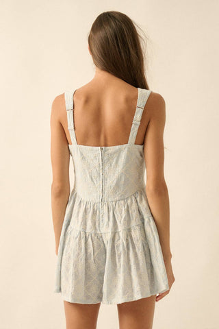 Floral-Embroidered Tiered-Ruffle Corset Romper