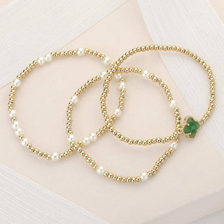 3PCS - Quatrefoil Pearl Metal Ball Beaded Stretch Bracelets
