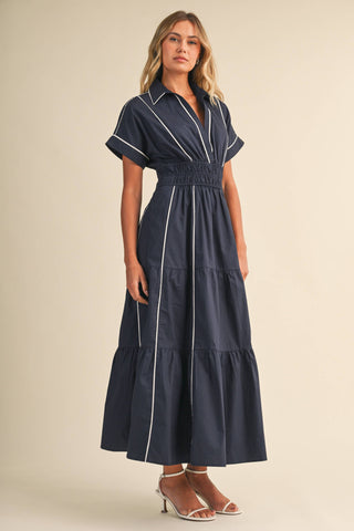 ID10490 SMOCKED WAIST CONTRAST PIPING DETAIL A-LINE MAXI DRE