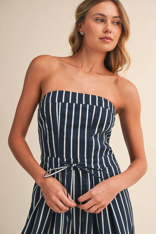 Strapless Stripe Wide Leg Jumpsuit with Side Trim