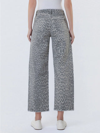 High Rise Drawstring Grey Leopard Barrel Jeans