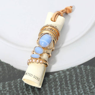 Assorted Resin Stone Accent Pearl Link Textured Metal Stackable Ring Set