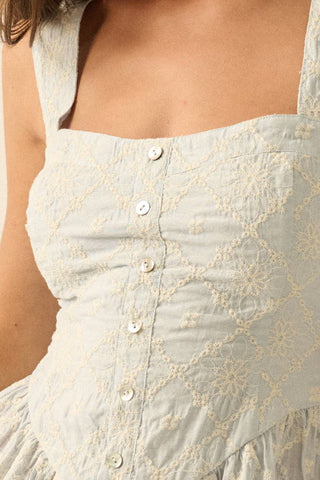 Floral-Embroidered Tiered-Ruffle Corset Romper