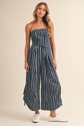 Strapless Stripe Wide Leg Jumpsuit with Side Trim