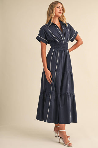 ID10490 SMOCKED WAIST CONTRAST PIPING DETAIL A-LINE MAXI DRE