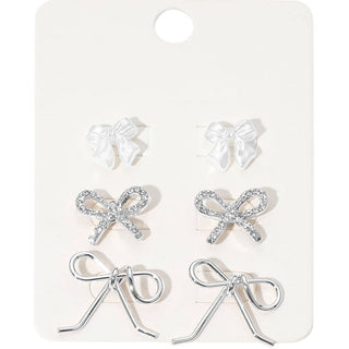 3Pairs - Pearl Metal Stone Paved Bow Stud Earring Set