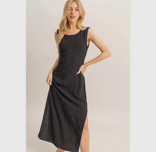 Striped Rayon Linen Side Slit Maxi Dress