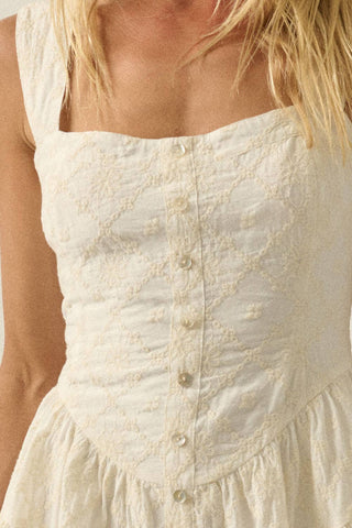 Floral-Embroidered Tiered-Ruffle Corset Romper