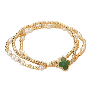 3PCS - Quatrefoil Pearl Metal Ball Beaded Stretch Bracelets