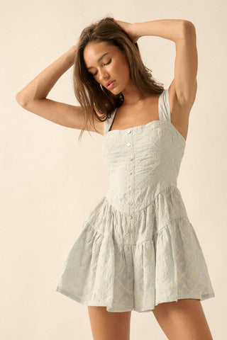 Floral-Embroidered Tiered-Ruffle Corset Romper