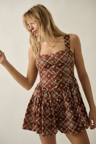 Floral-Embroidered Tiered-Ruffle Corset Romper