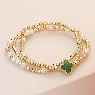 3PCS - Quatrefoil Pearl Metal Ball Beaded Stretch Bracelets