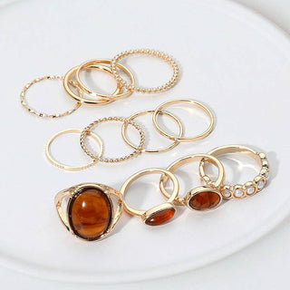 Assorted Resin Stone Accent Pearl Link Textured Metal Stackable Ring Set