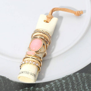 Assorted Resin Stone Accent Pearl Link Textured Metal Stackable Ring Set