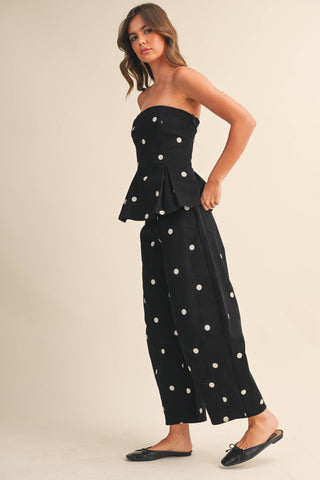 POLKADOT STRAPLESS PEPLUM TOP AND BARREL PANTS SET