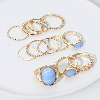 Assorted Resin Stone Accent Pearl Link Textured Metal Stackable Ring Set