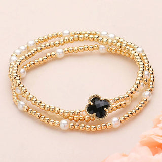 3PCS - Quatrefoil Pearl Metal Ball Beaded Stretch Bracelets