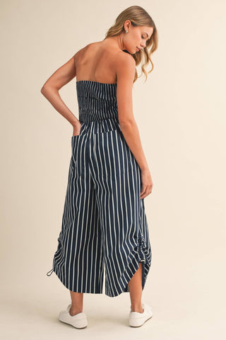 Strapless Stripe Wide Leg Jumpsuit with Side Trim