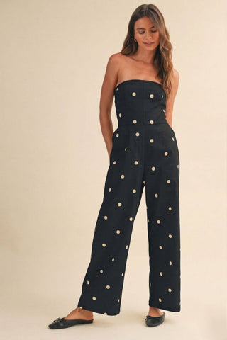 POLKADOT STRETCH TWILL STRAPLESS WIDE LEG JUMPSUIT